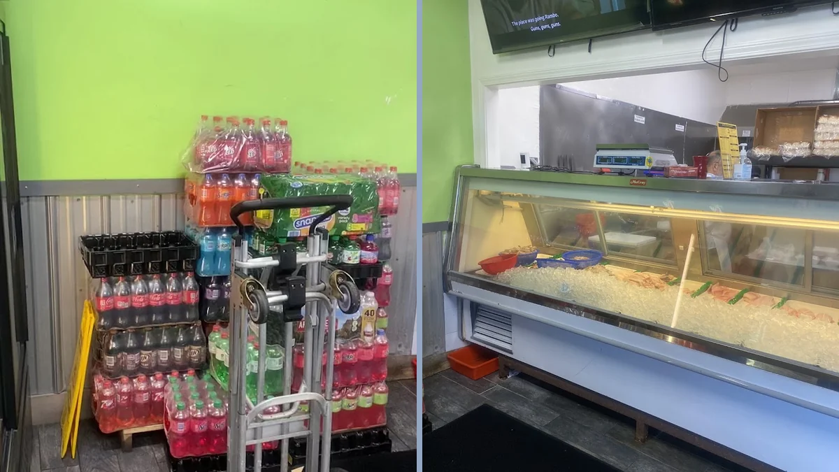 Seafood market shelves with packaged staples.