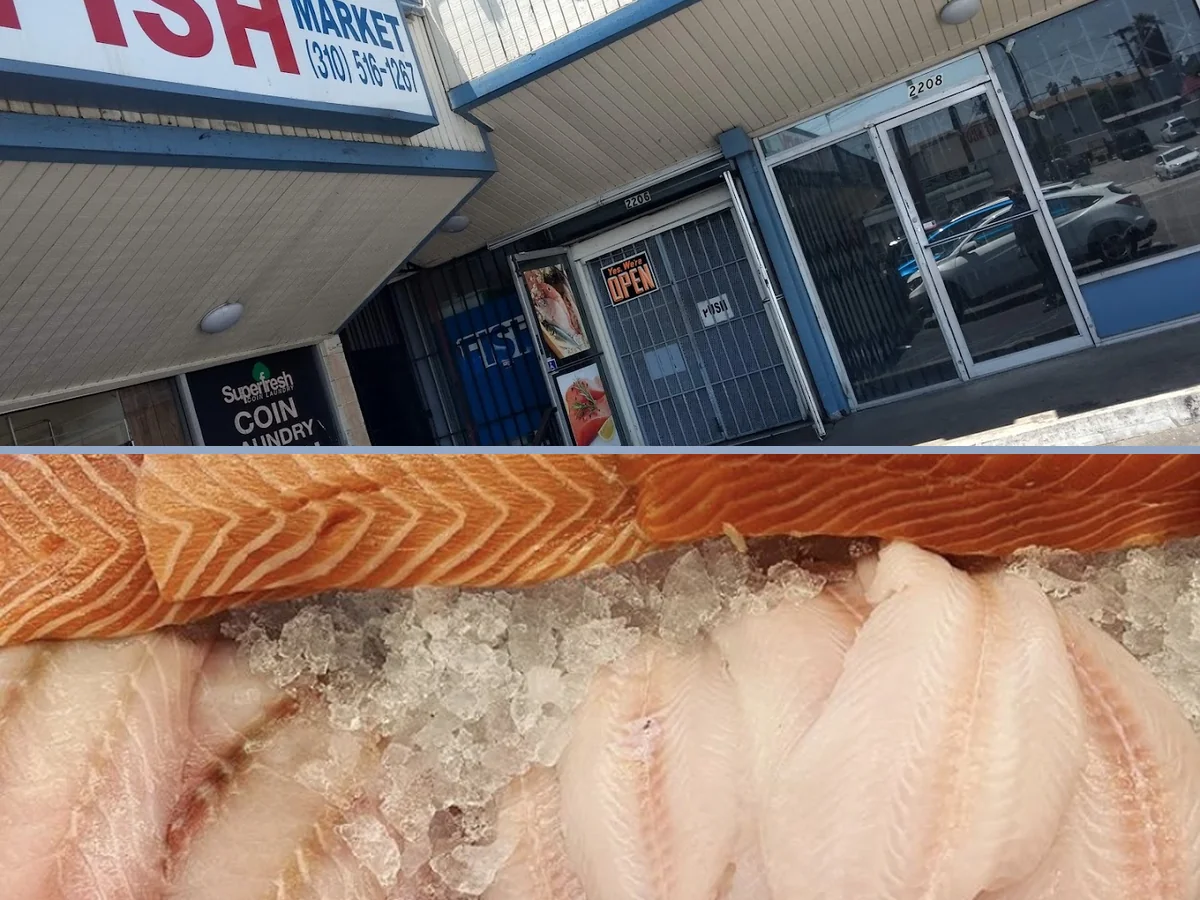 Counter with fish, shrimp, and sides.